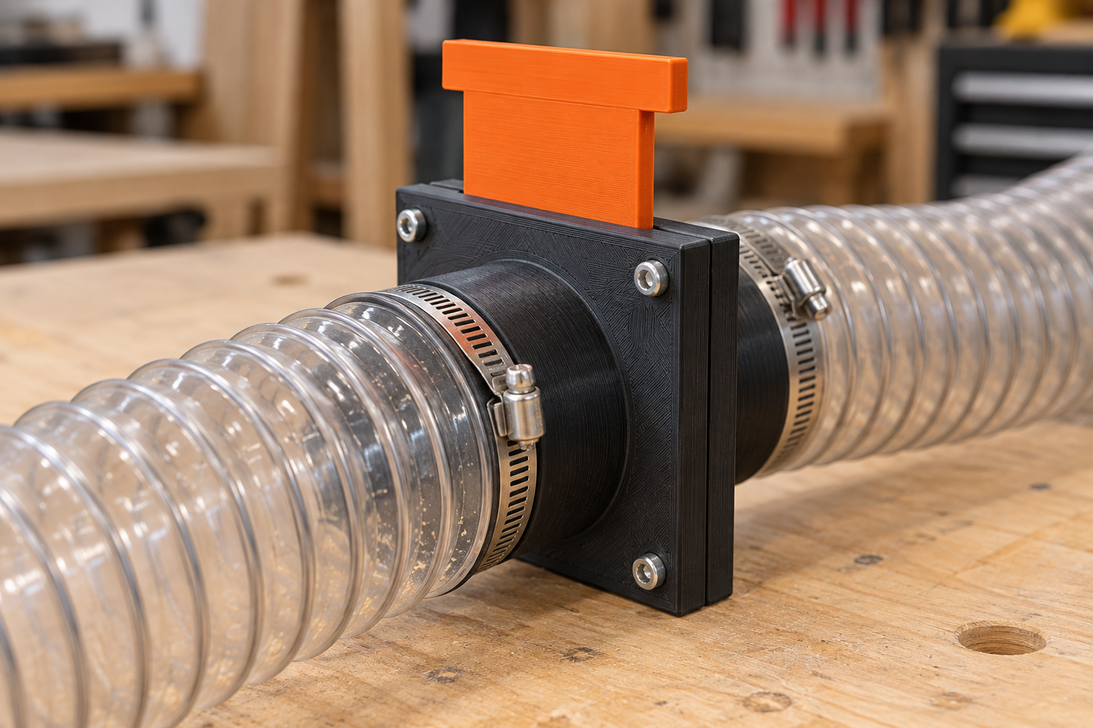 Custom dust extraction blast gate with hose spigots