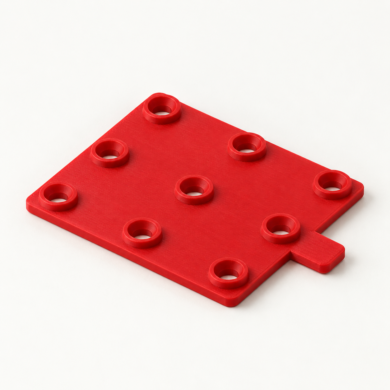 Nine-hole sowing template with custom row spacing – red. AI visualization of default dimensions.