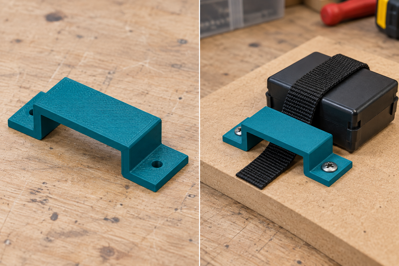 Strap bridge for lightweight battery holders – loose part and application, AI visualization