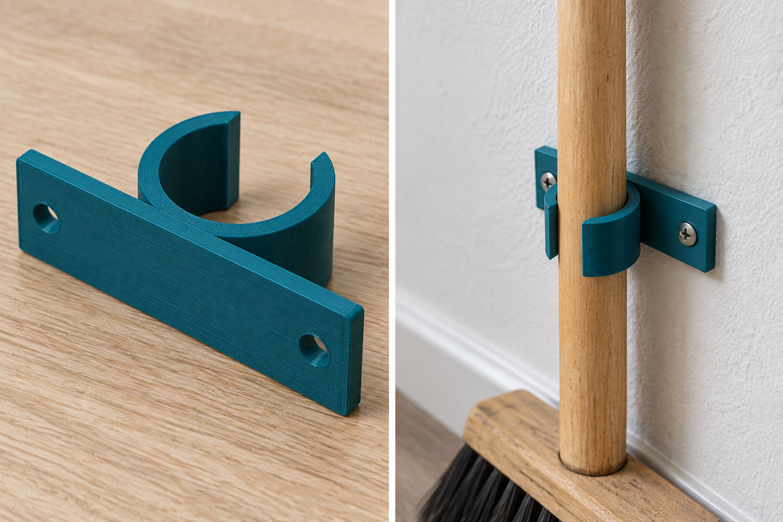 Custom broom handle wall clip – loose part and application, AI visualization