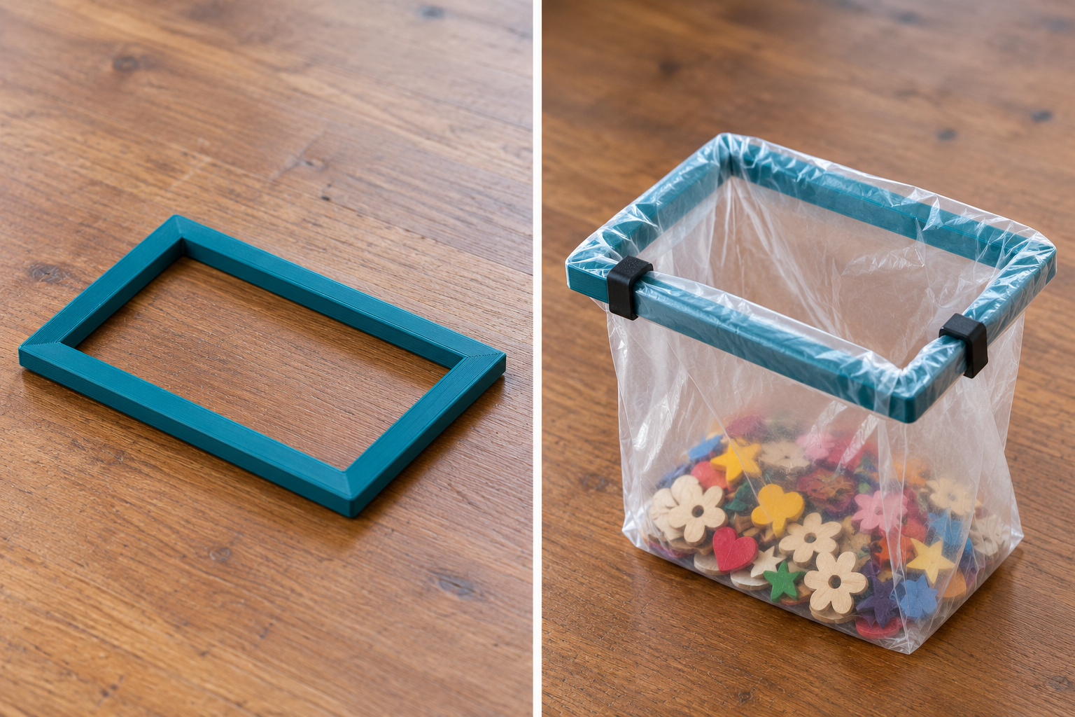 Rectangular bag opening frame – loose part and application, AI visualization