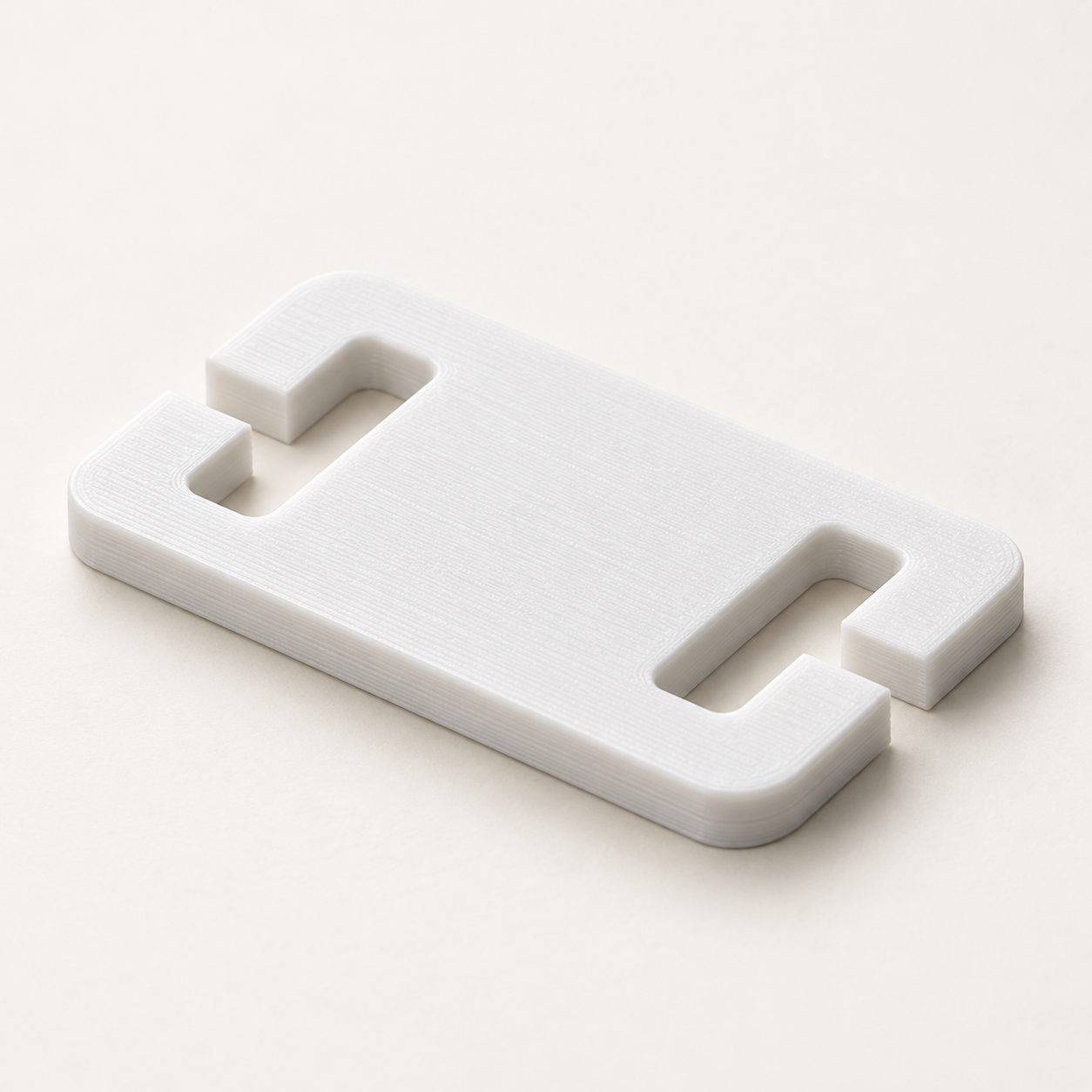 Custom bra-strap connector with side entry slots – white. AI visualization of default dimensions.