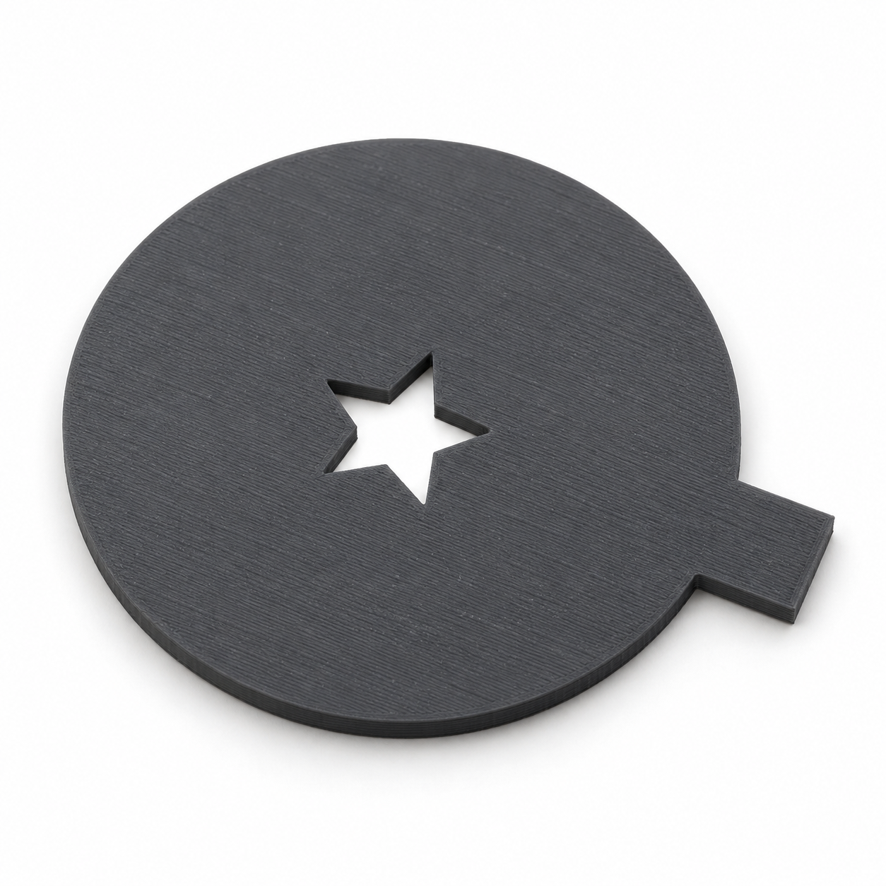 Star bokeh mask with a handling tab for the lens front – grey. AI visualisation of the default dimensions.