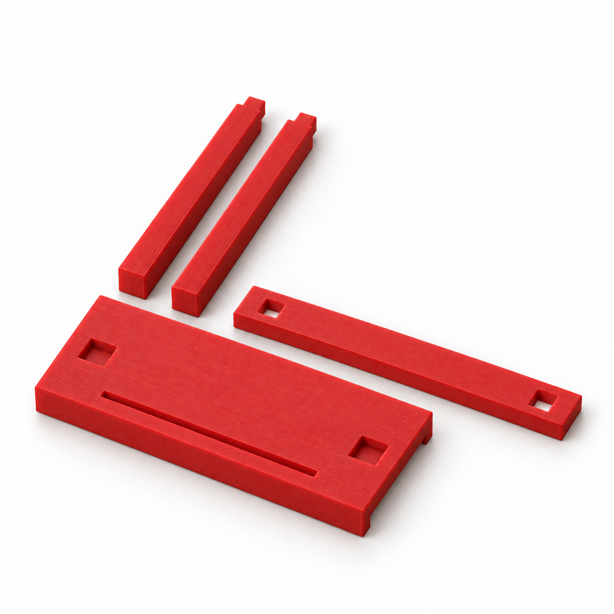 Small bookbinding sewing frame with socket posts and tape crossbar – red; AI product visualization