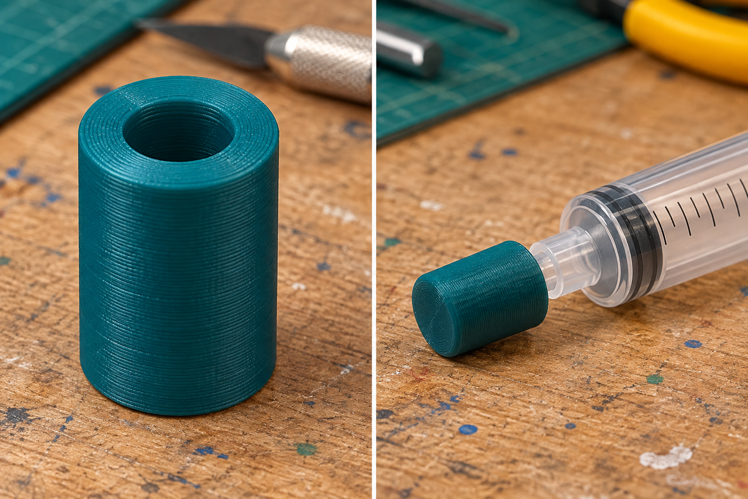 Storage cap for empty craft dosing syringes – loose part and application, AI visualization