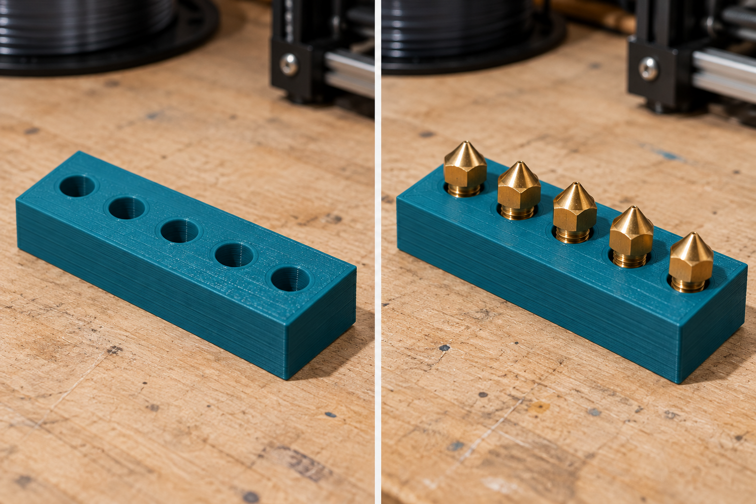 Organizer for cold 3D printer nozzles – loose part and application, AI visualization