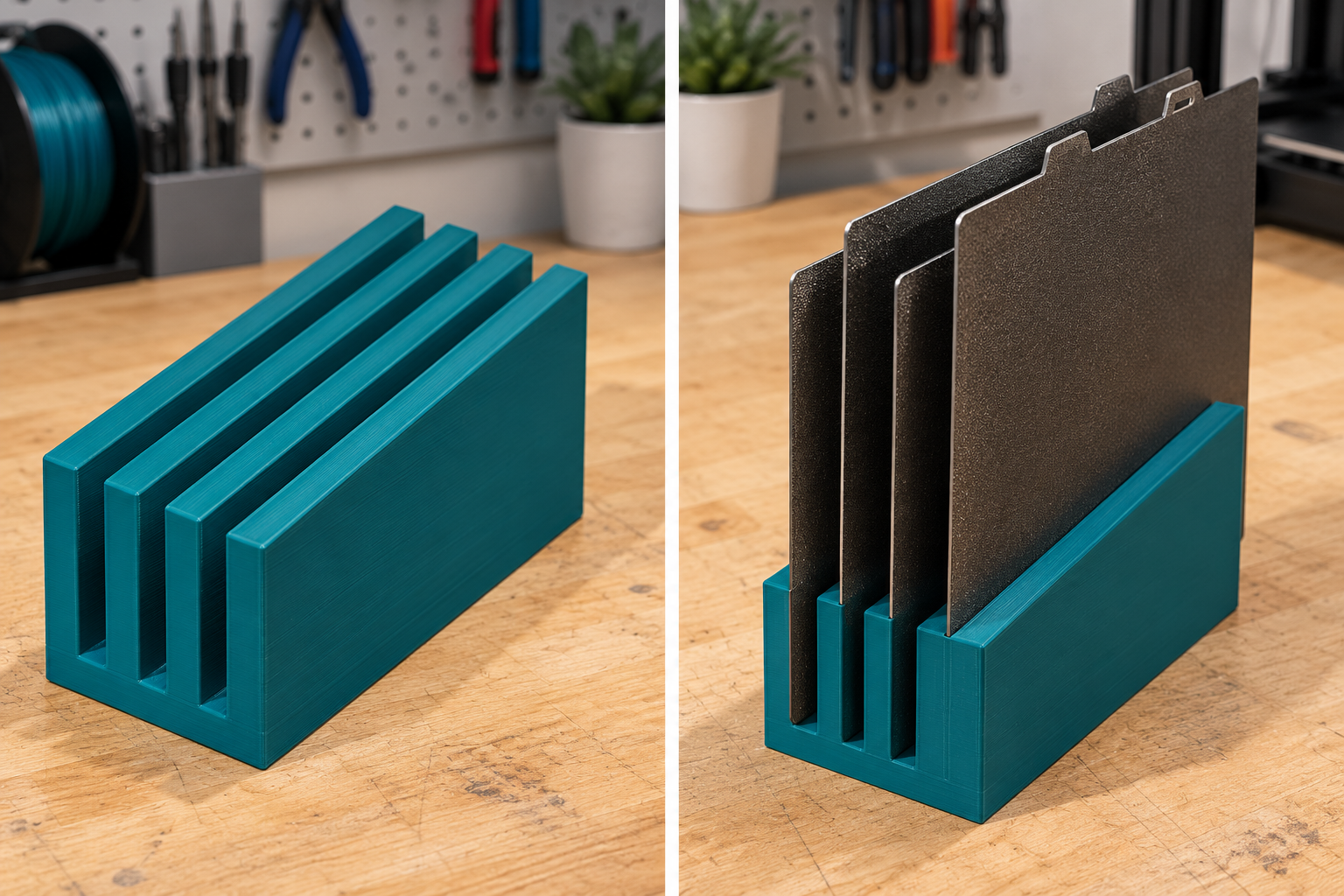 Storage stand for cold 3D printer build plates – loose part and application, AI visualization