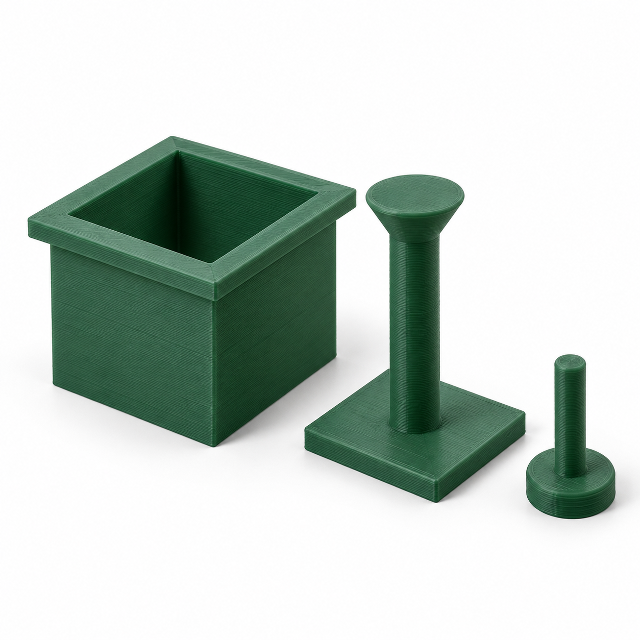 Soil-block mould with plunger and separate seed dibber – green. AI visualization of default dimensions.
