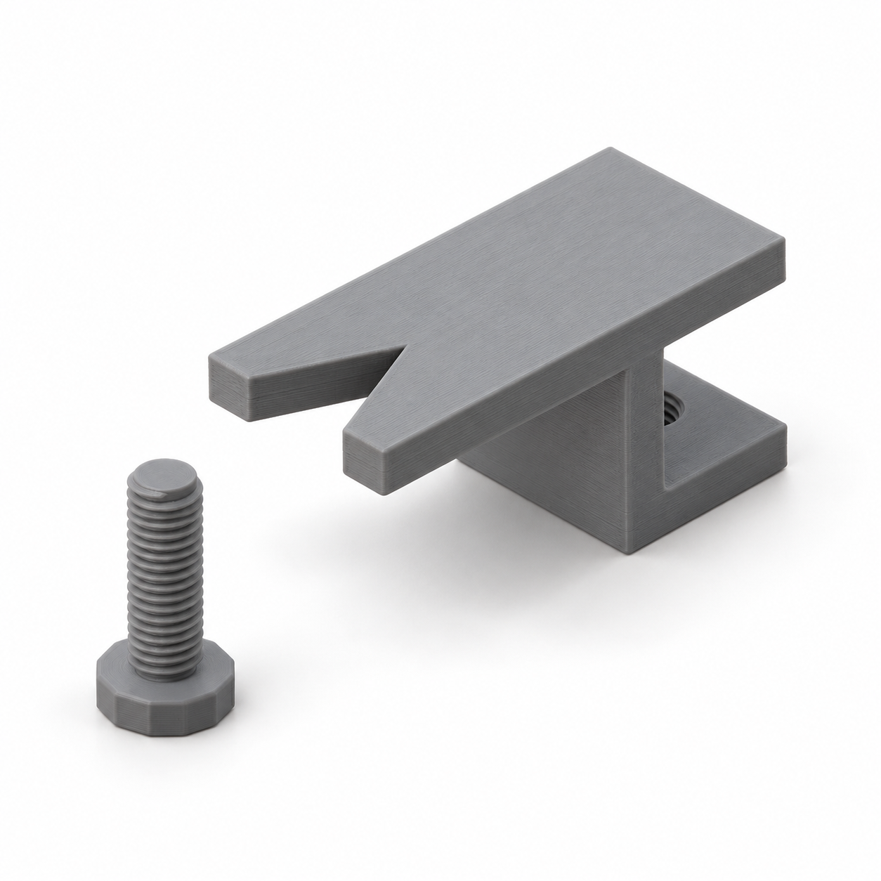 V-shaped filing rest with table clamp and printed screw – AI product visualization