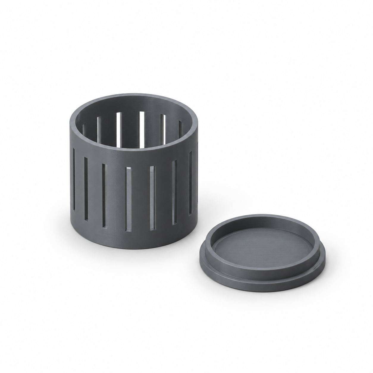 Capsule ventilée pour dessiccant de boîte à filament – gris. Visualisation IA des dimensions par défaut.