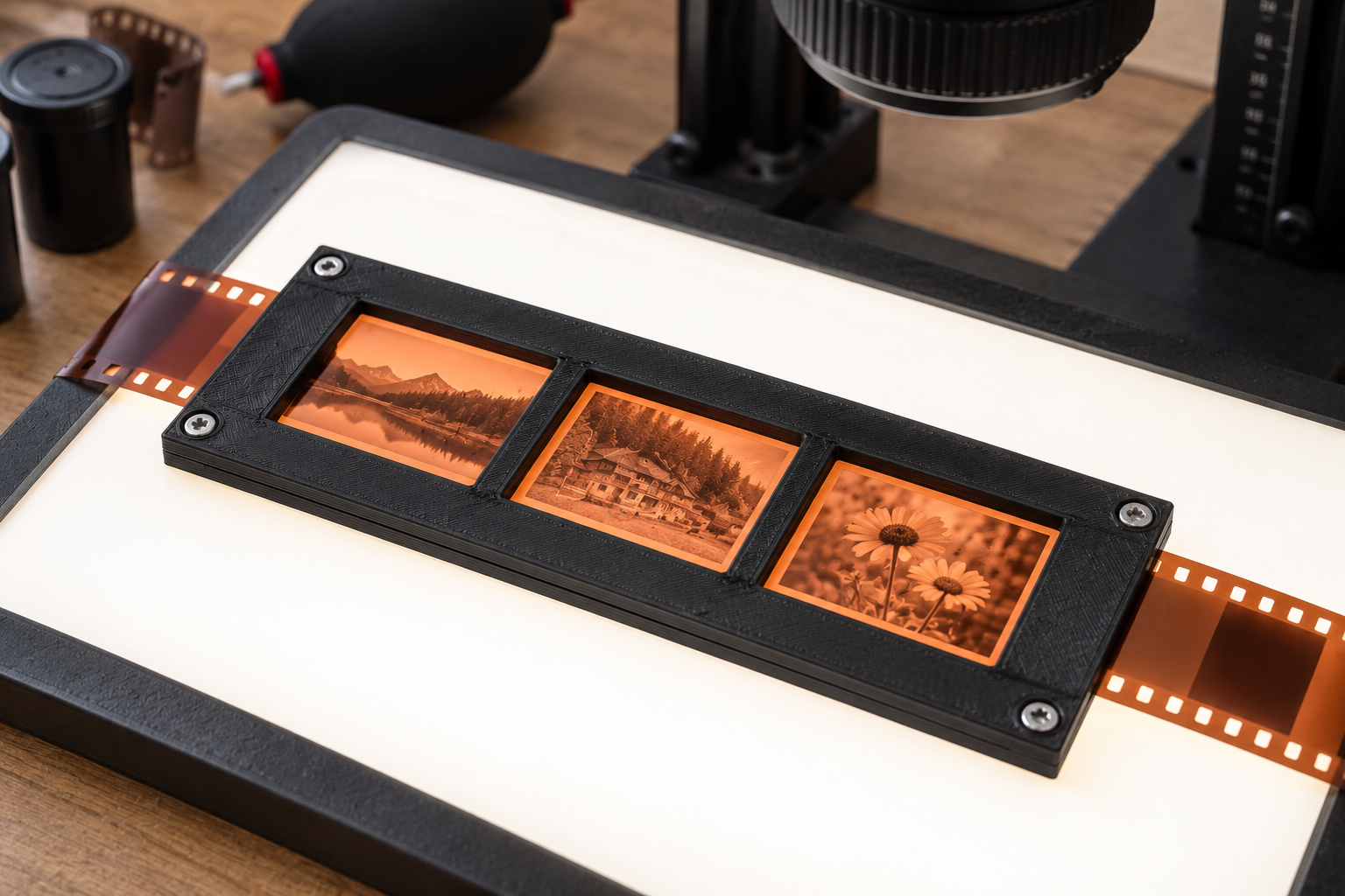 Custom film strip holder with separate mask for camera scanning