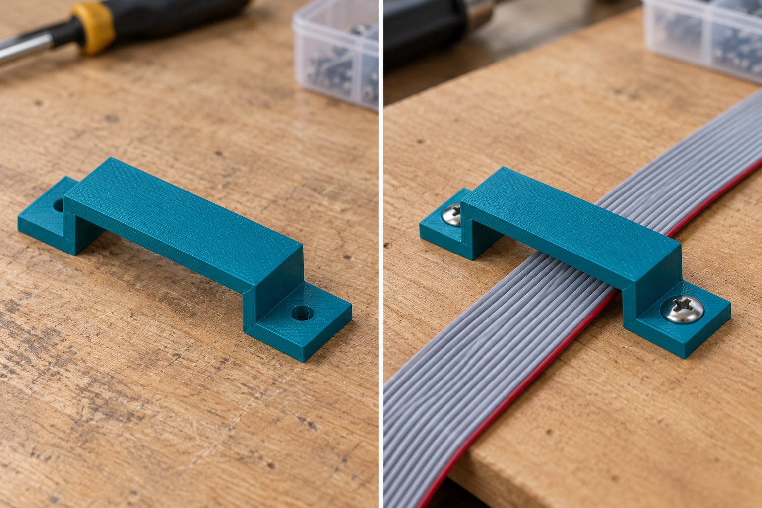 Custom retaining bridge for flat cables – loose part and application, AI visualization