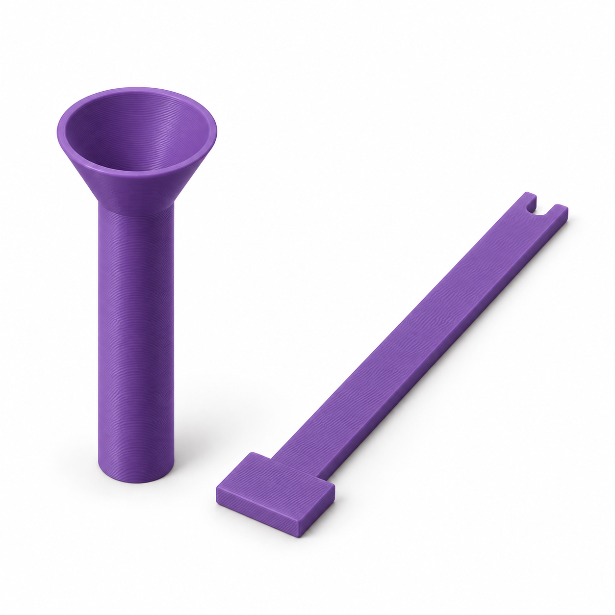 Toy stuffing set with a funnel tube and forked pusher – purple; AI product visualization