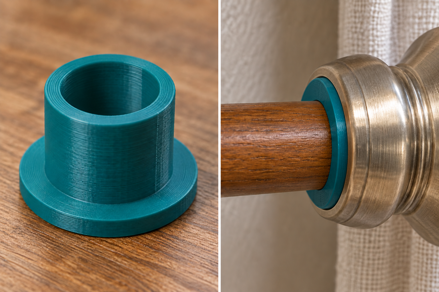 Custom curtain finial reducing bush – loose part and application, AI visualization