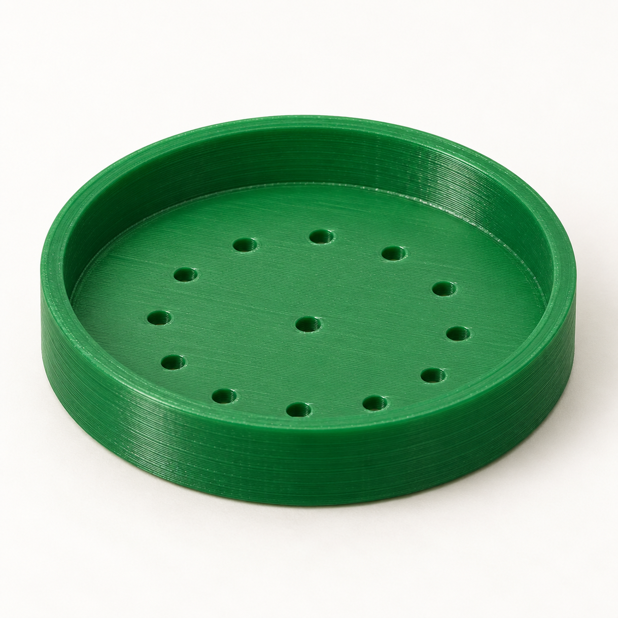 Custom watering-can sieve insert with locating rim – green. AI visualization of default dimensions.