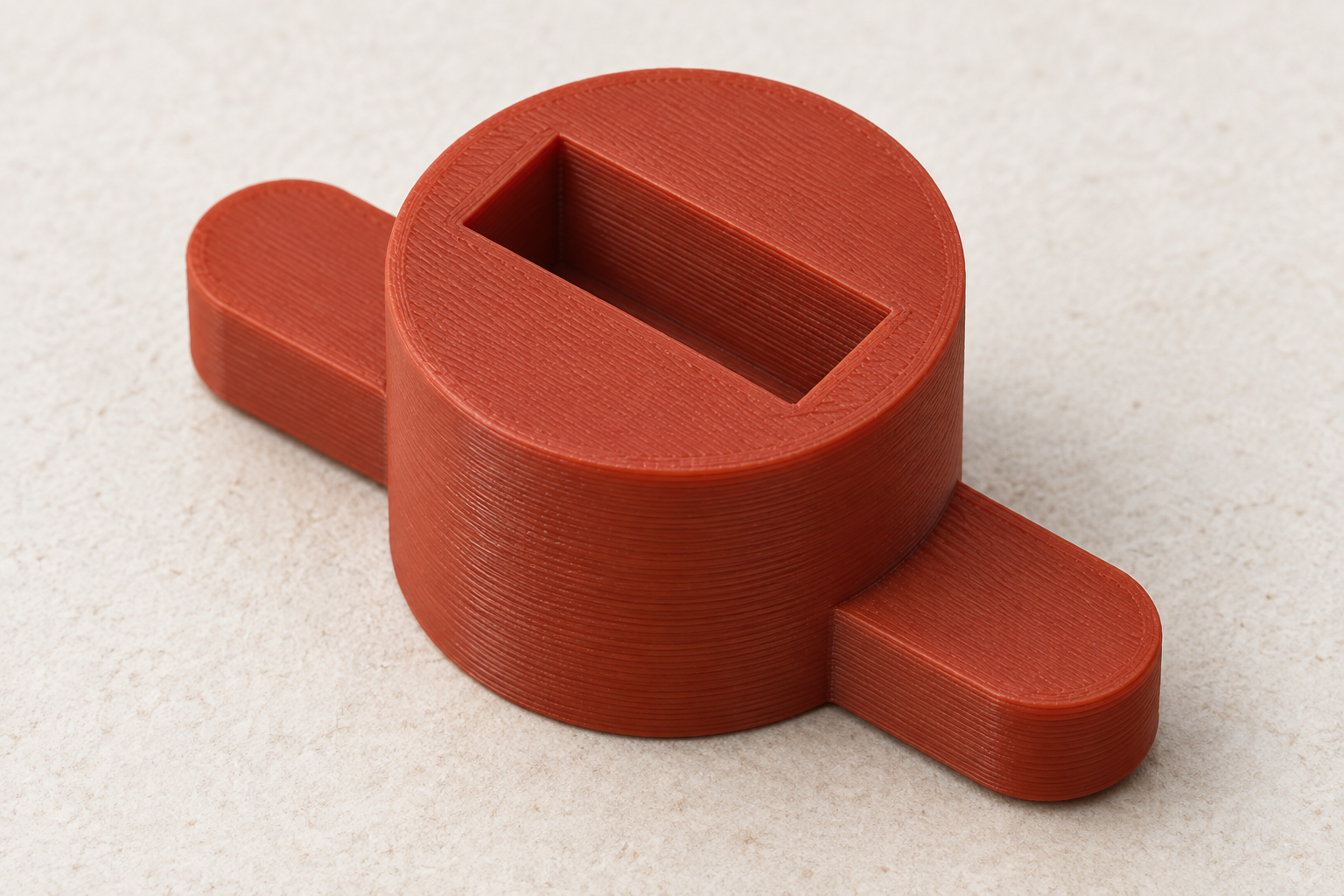 Red hand tuner key with rectangular socket and cross handle — AI visualisation.