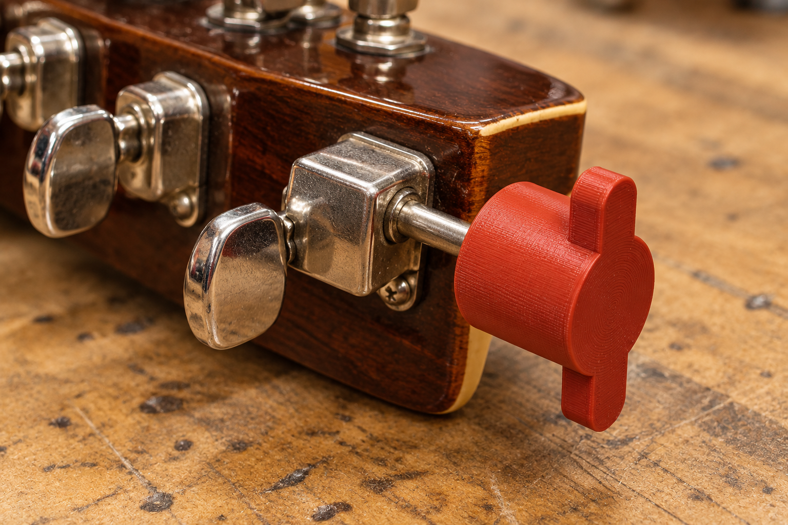 Red hand key fitted over a guitar tuning button — AI visualisation.