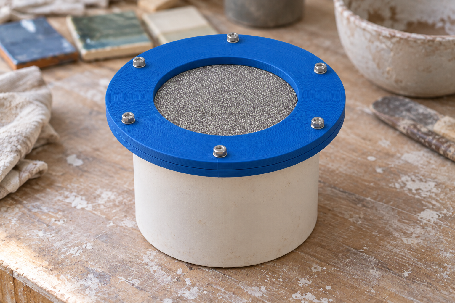 Two bolted blue rings with sieve mesh on a glaze cup — AI visualisation.