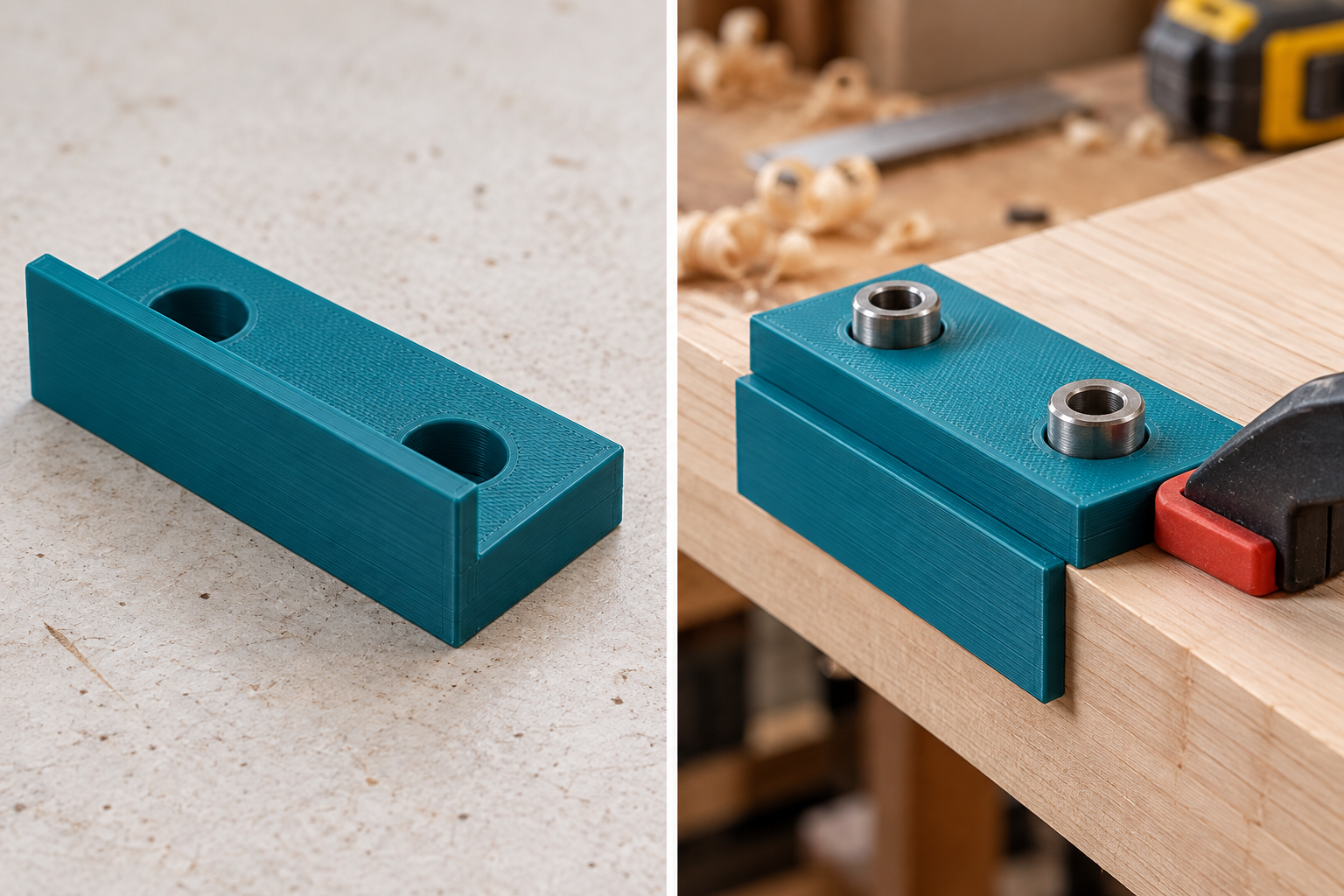 Paired dowel hole edge jig – loose part and application, AI visualization