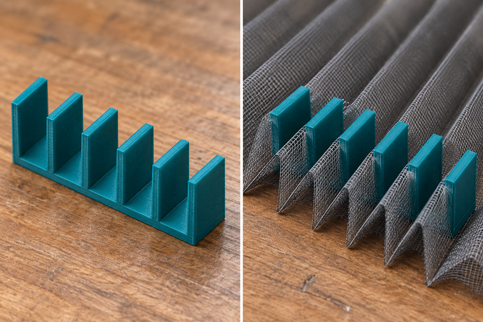 Pleated insect screen fold spacing comb – loose part and application, AI visualization