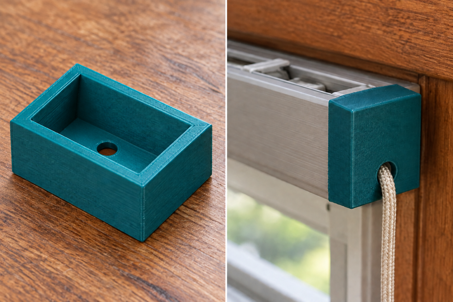 Blind headrail end cap with cord opening – loose part and application, AI visualization