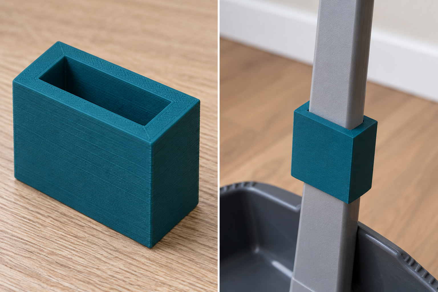 Grip sleeve for flat dustpan handles – loose part and application, AI visualization