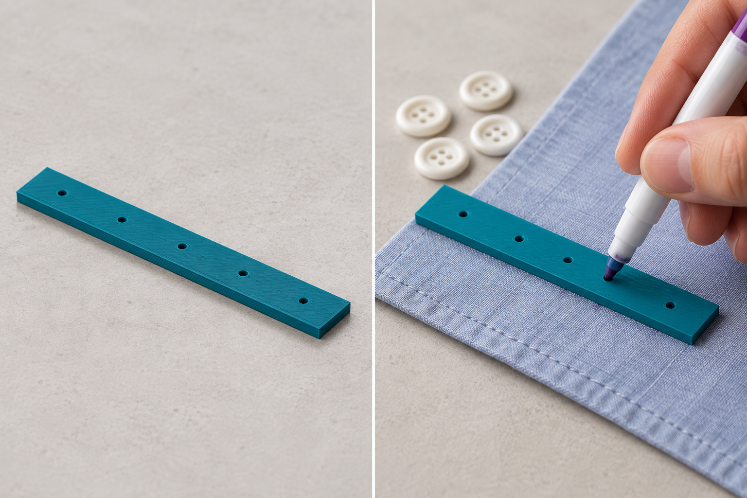 Button row hole marking template – loose part and application, AI visualization