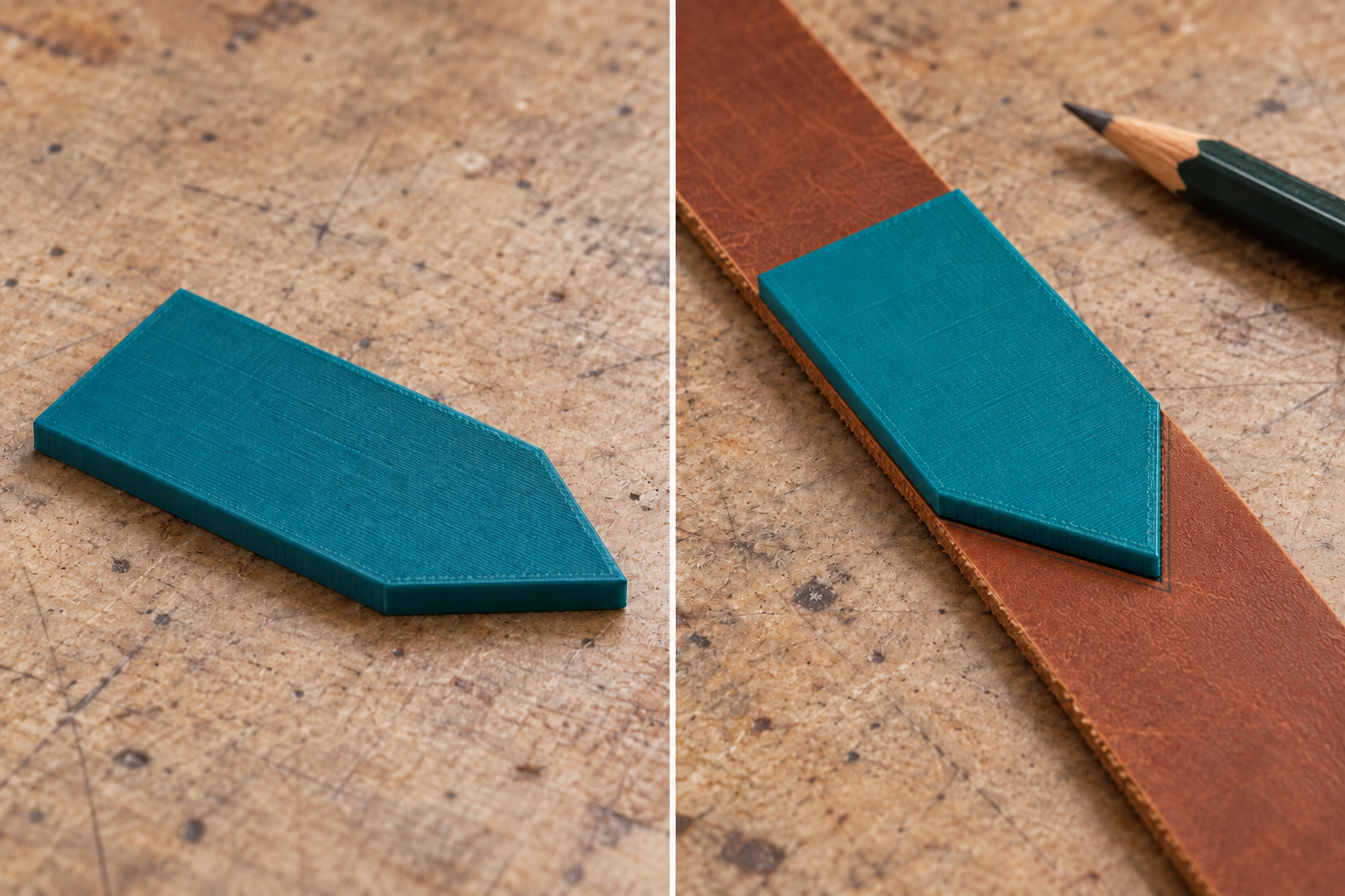 Pointed leather strap end marking template – loose part and application, AI visualization