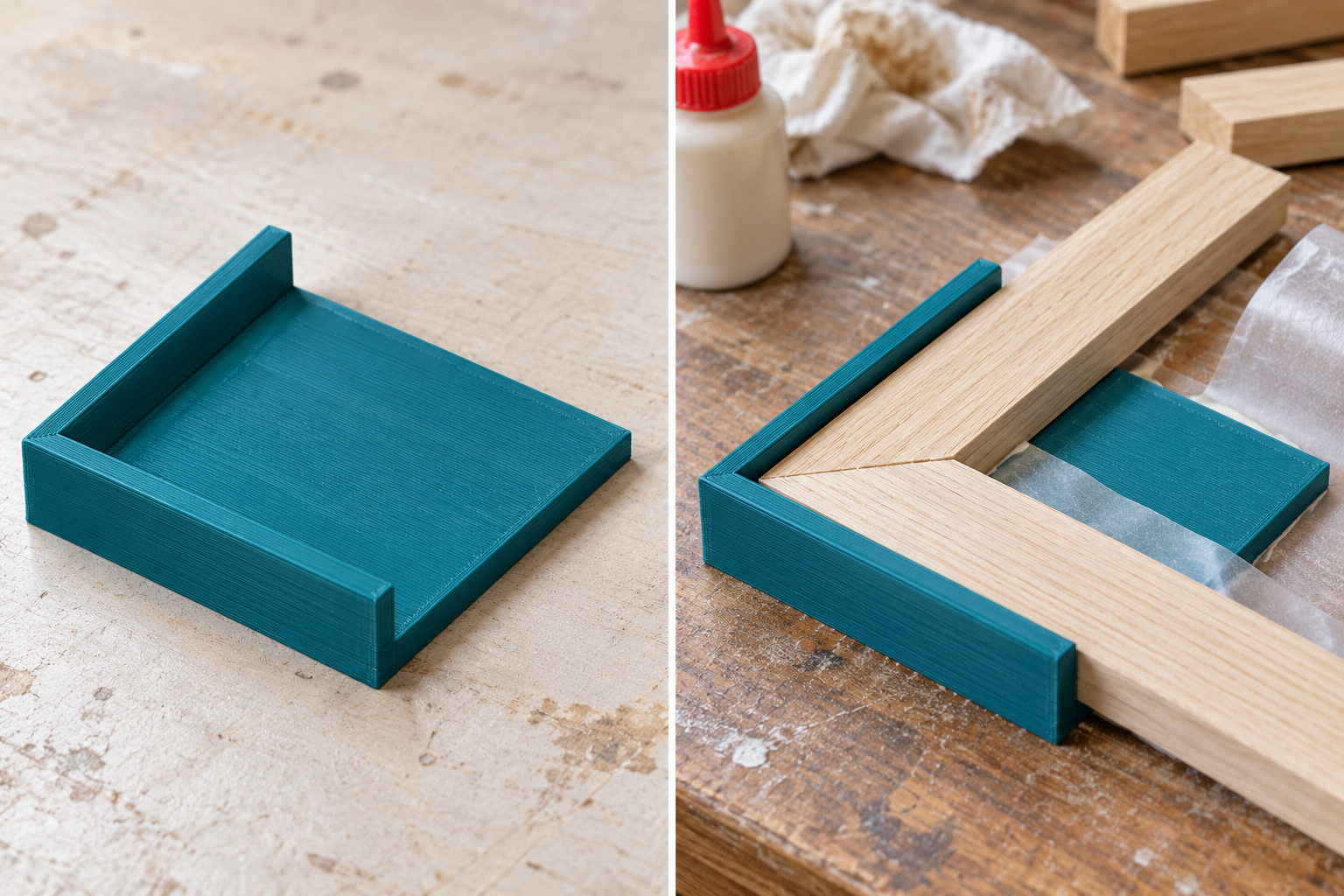 Corner bed for gluing mitred trim – loose part and application, AI visualization