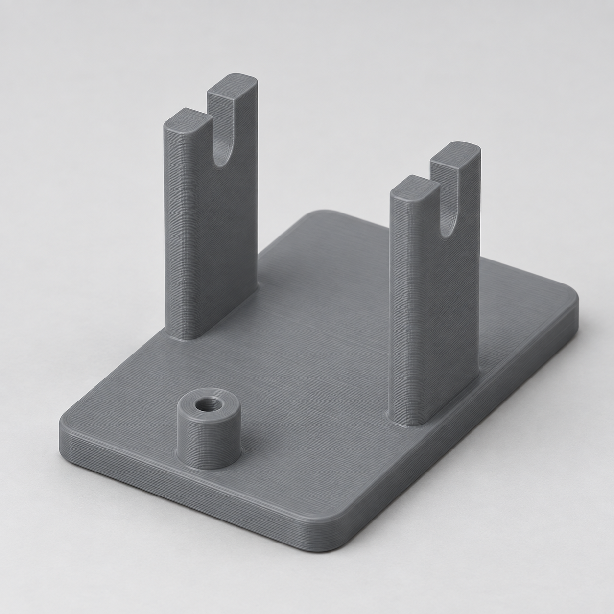 Custom solder spool holder with open axle slots – gray. AI visualization of default dimensions.