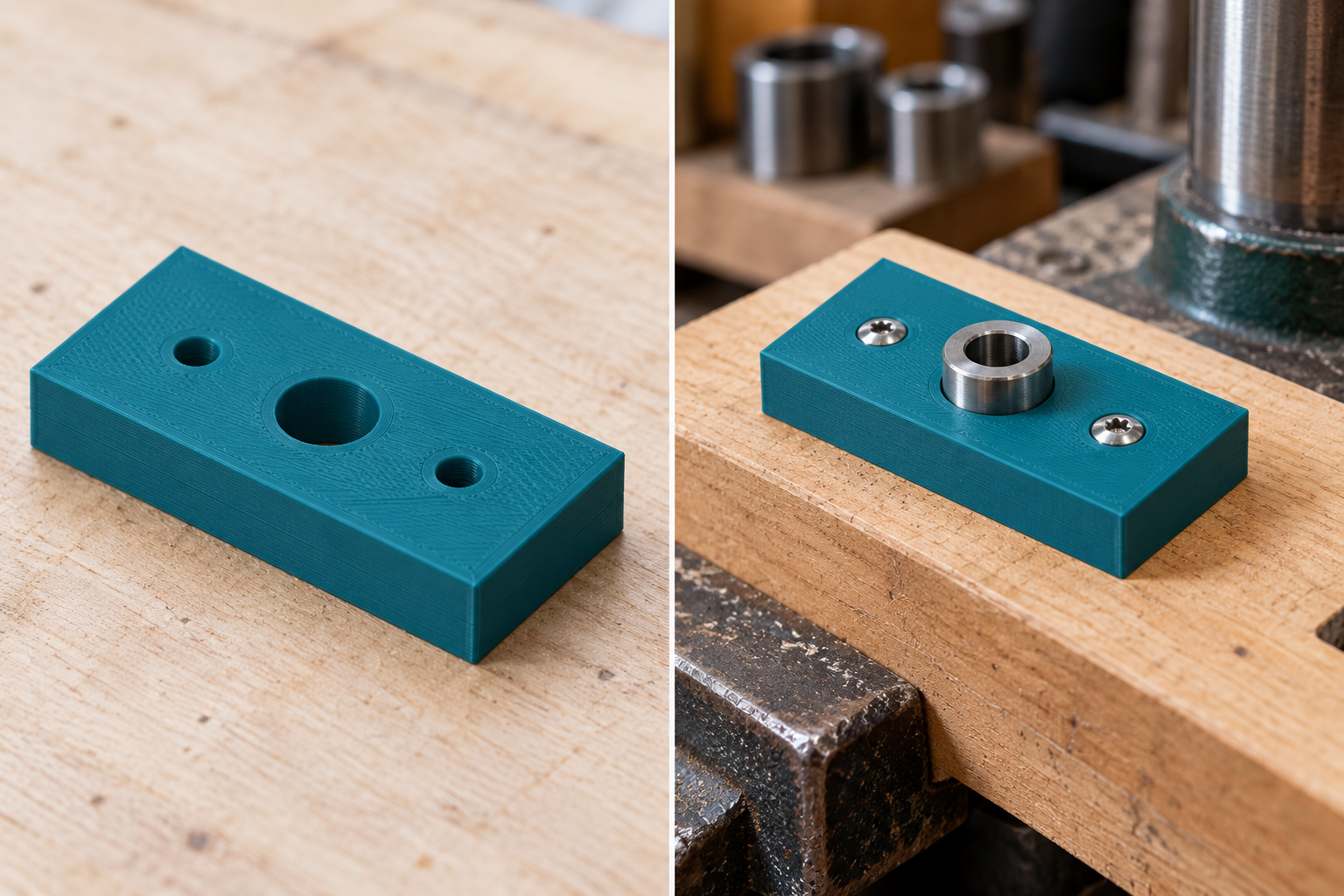 Carrier plate for separate metal drill bushes – loose part and application, AI visualization