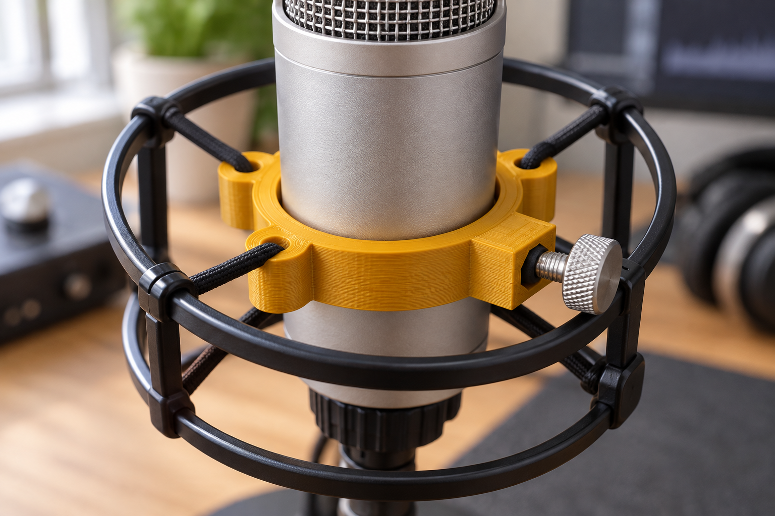 Yellow inner ring suspended by elastic cords in a microphone cage — AI visualisation.