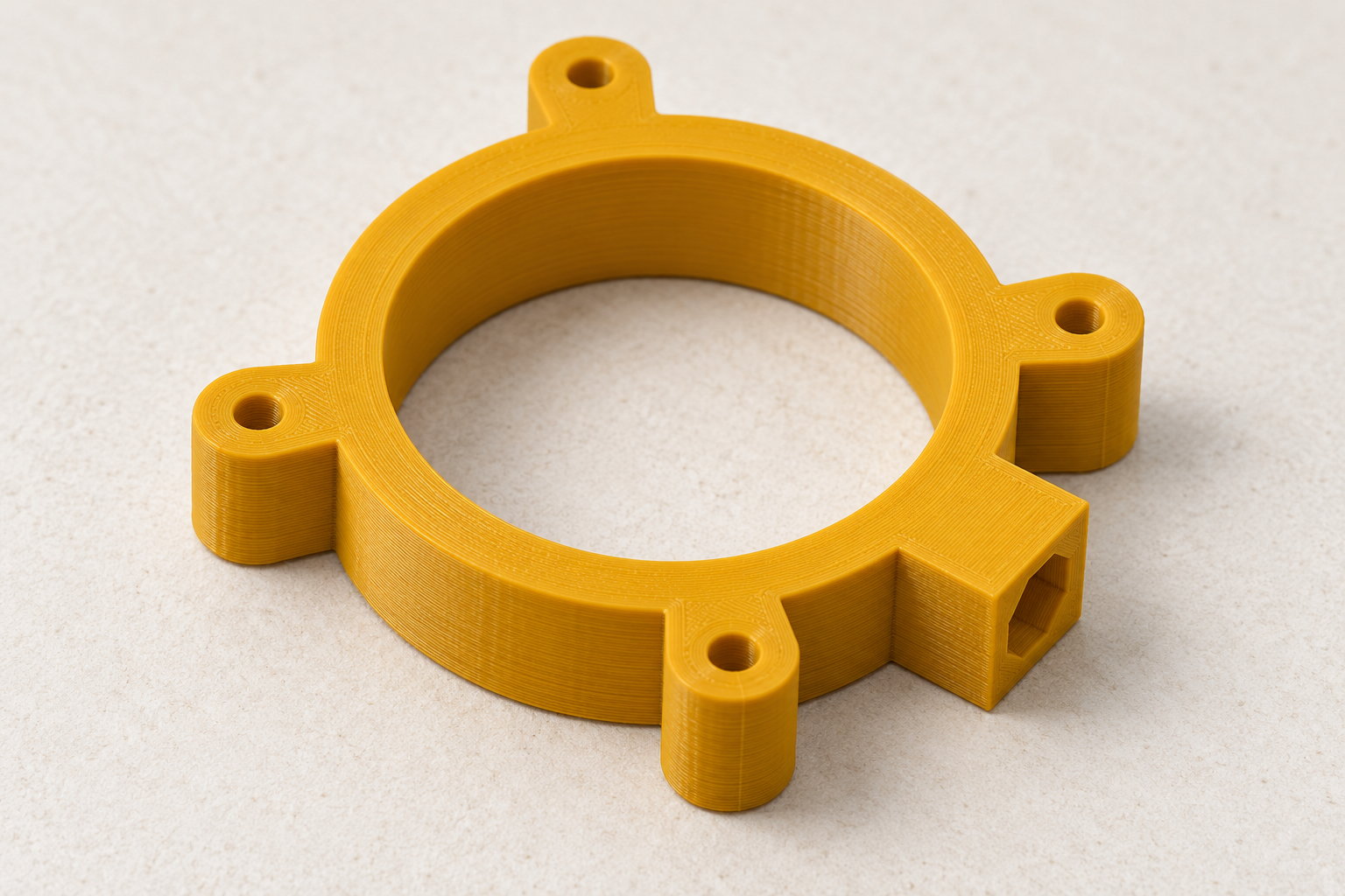 Yellow microphone ring with four cord eyes and nut pocket — AI visualisation.