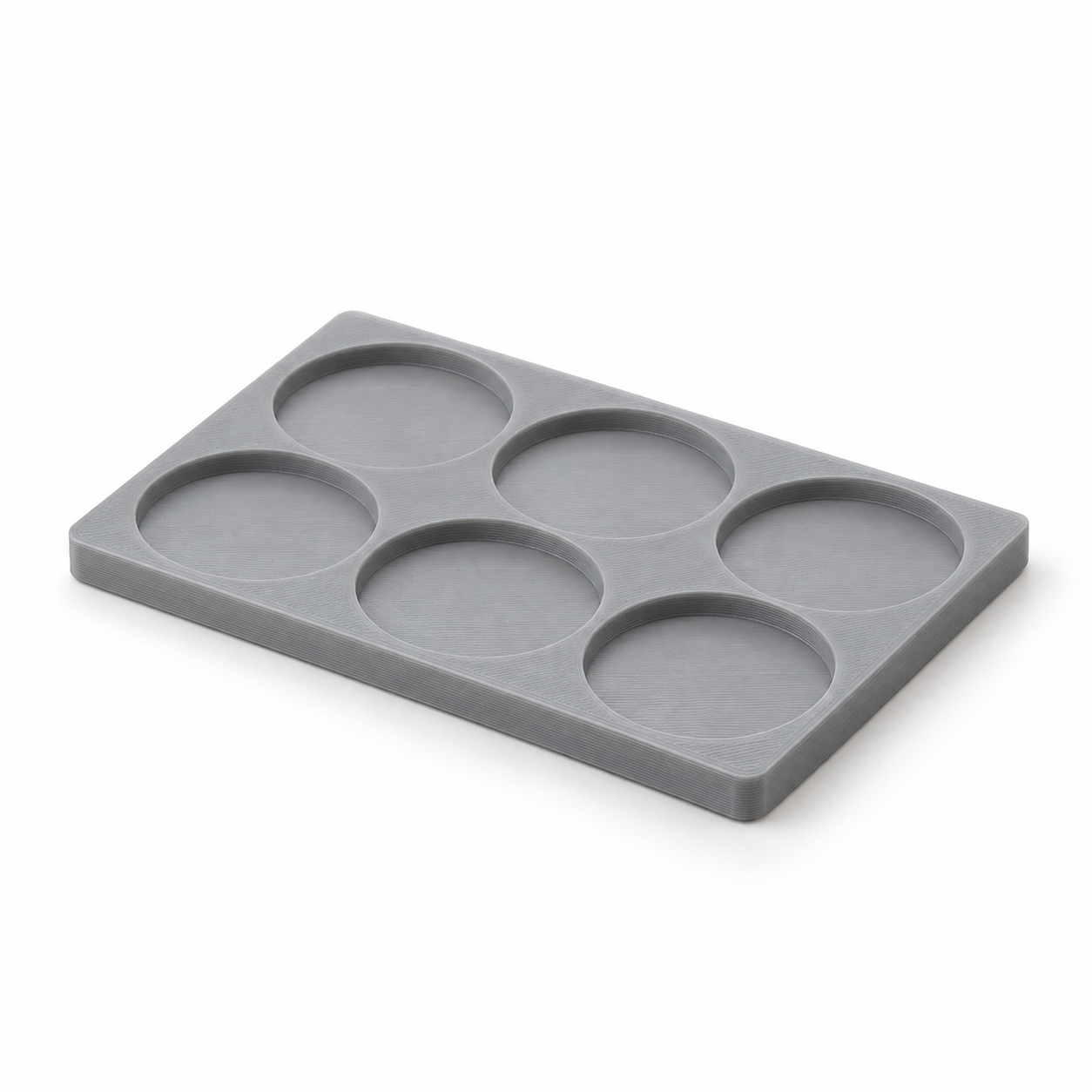Six round base recesses in two rows. AI visualization of default dimensions.