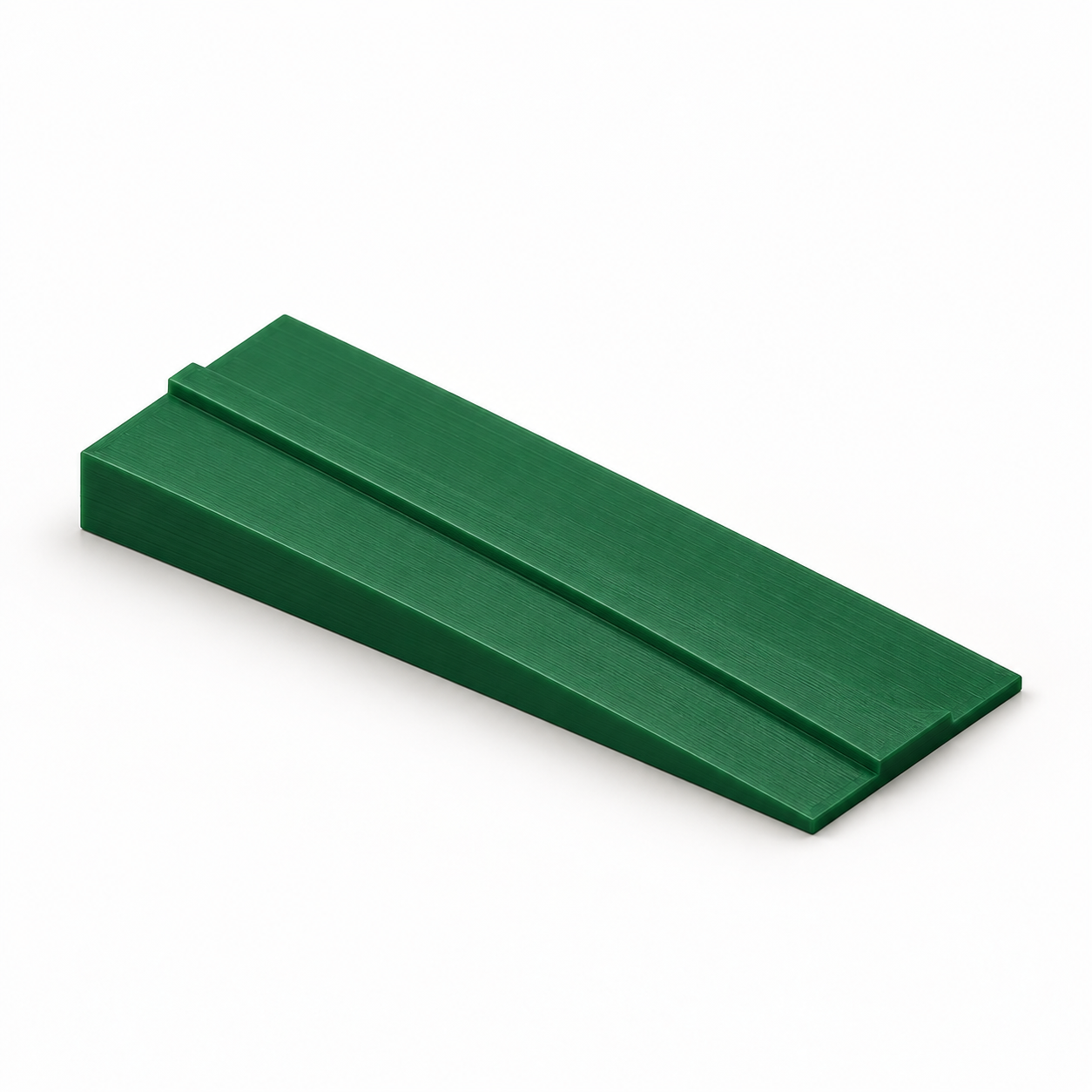 Rampe de mise sur rails avec guide central évasé – vert. Visualisation IA des dimensions par défaut.