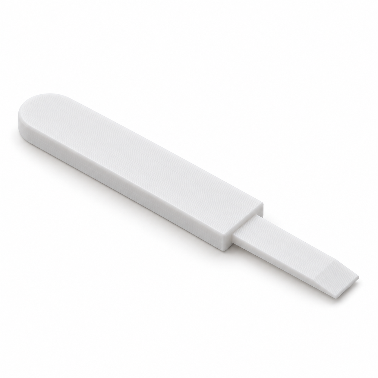 Model railway hand uncoupler with a flat lifting tongue – white. AI visualisation of the default dimensions.