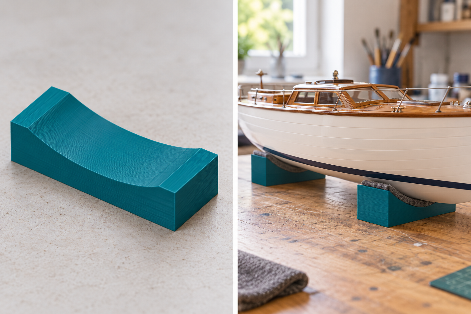 Cradle saddle for model boat hulls – loose part and application, AI visualization