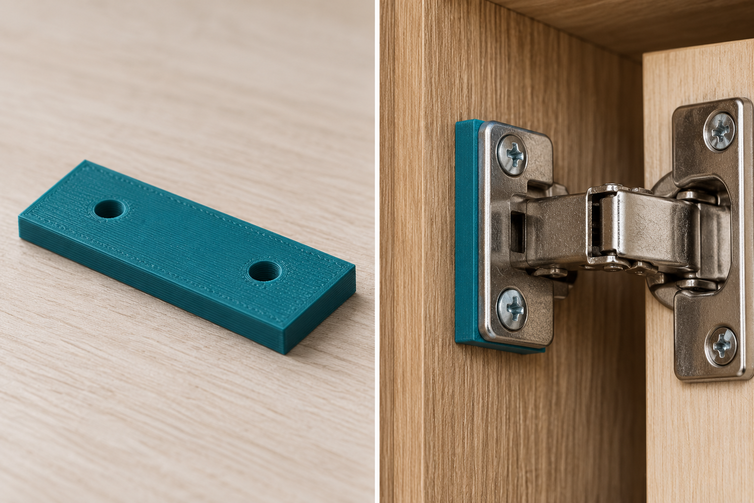 Angle correction shim for furniture hinges – loose part and application, AI visualization