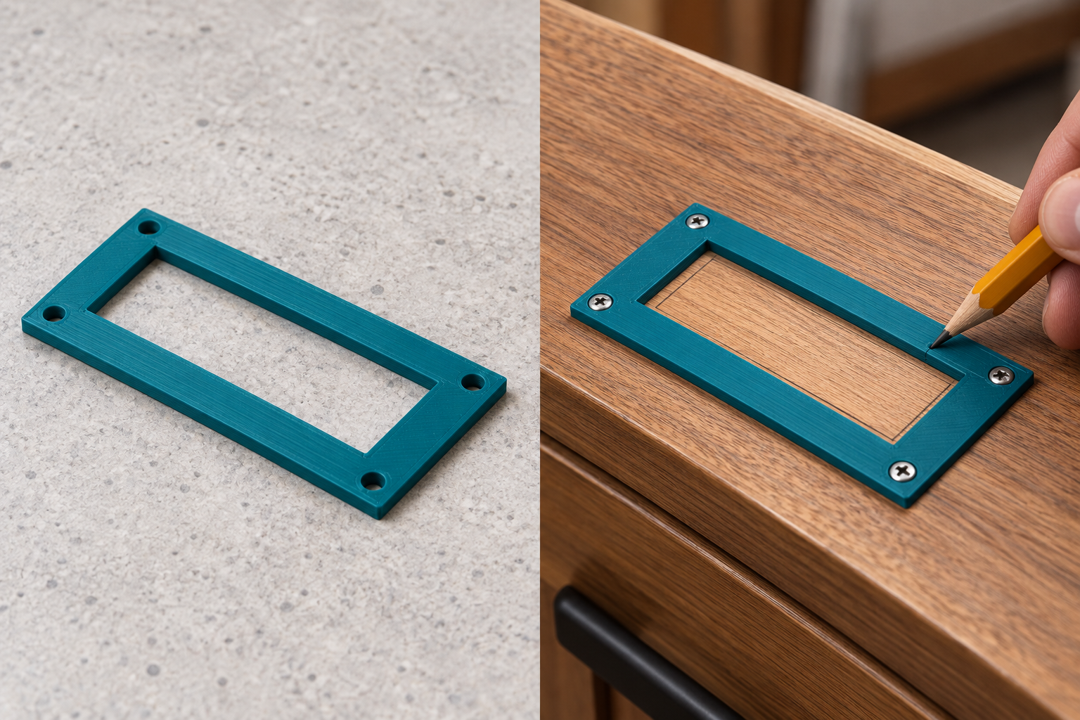 Recessed pull cutout marking frame – loose part and application, AI visualization