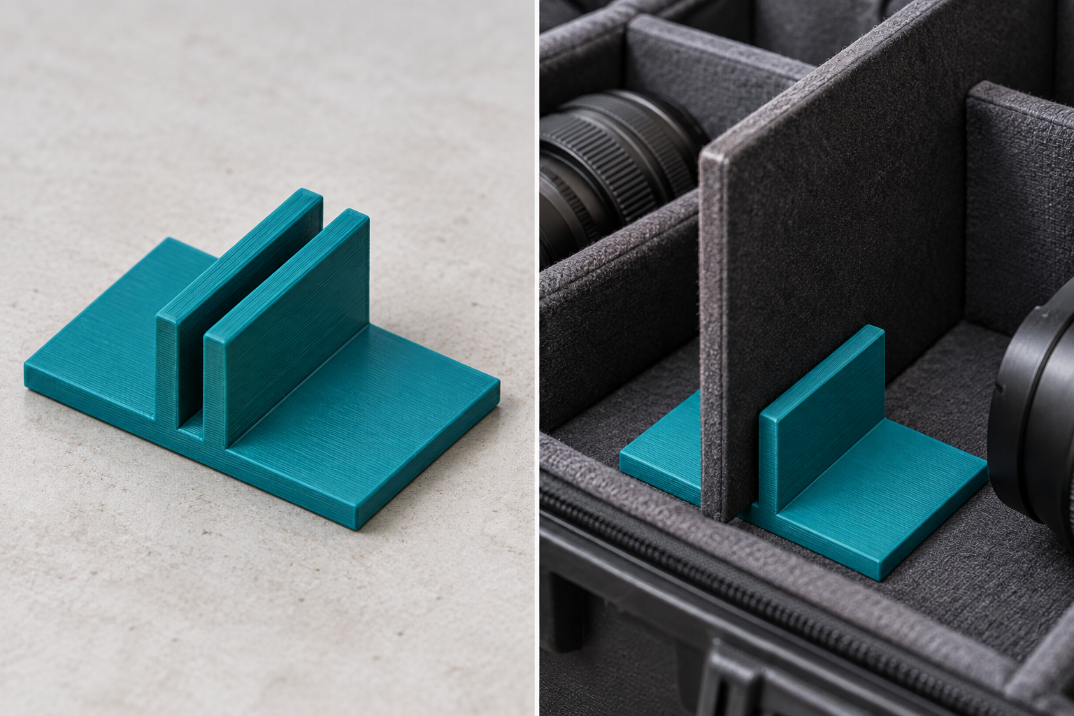 Divider panel foot for optical equipment cases – loose part and application, AI visualization