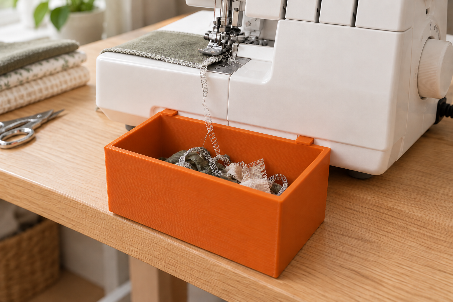 Orange bin collecting fabric trimmings at an overlocker — AI visualisation.