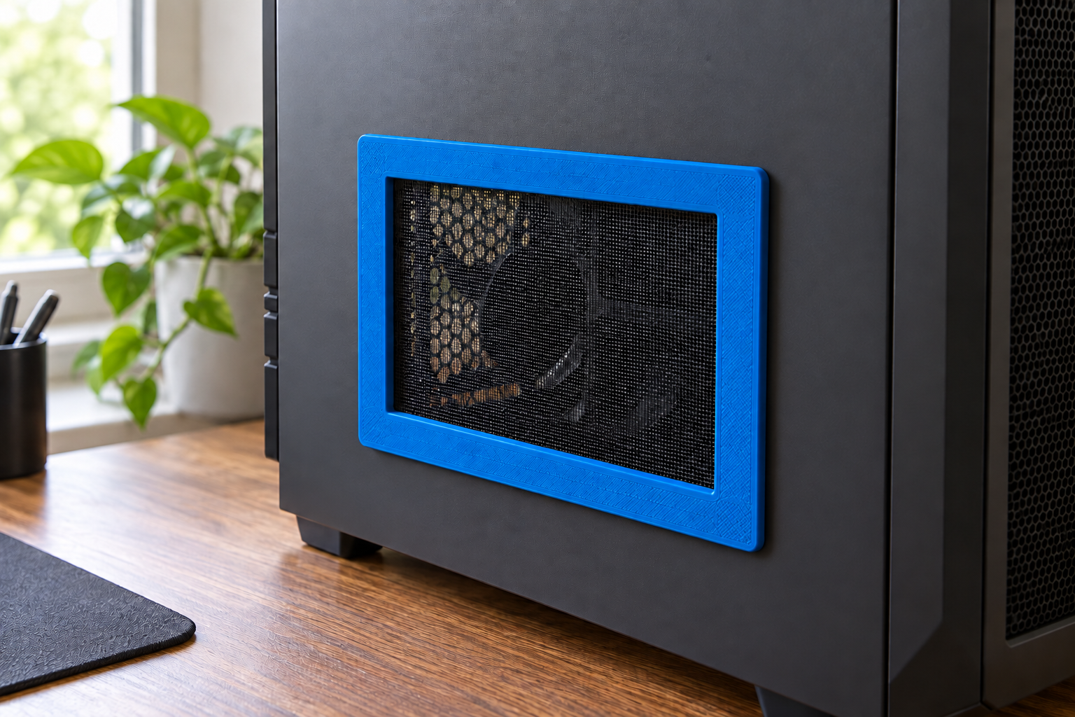 Blue frame with black filter mesh on a PC case — AI visualisation.
