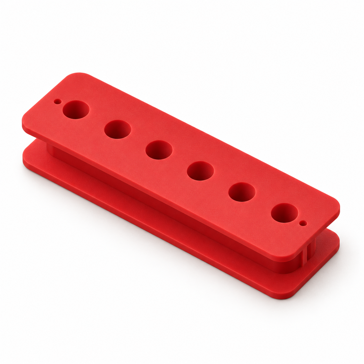 Pickup bobbin with six custom pole-piece bores – red. AI visualisation of the default dimensions.