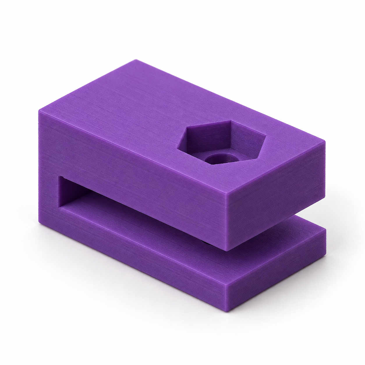 AI visualisation: purple panel-edge clip with hex-nut seat, default dimensions