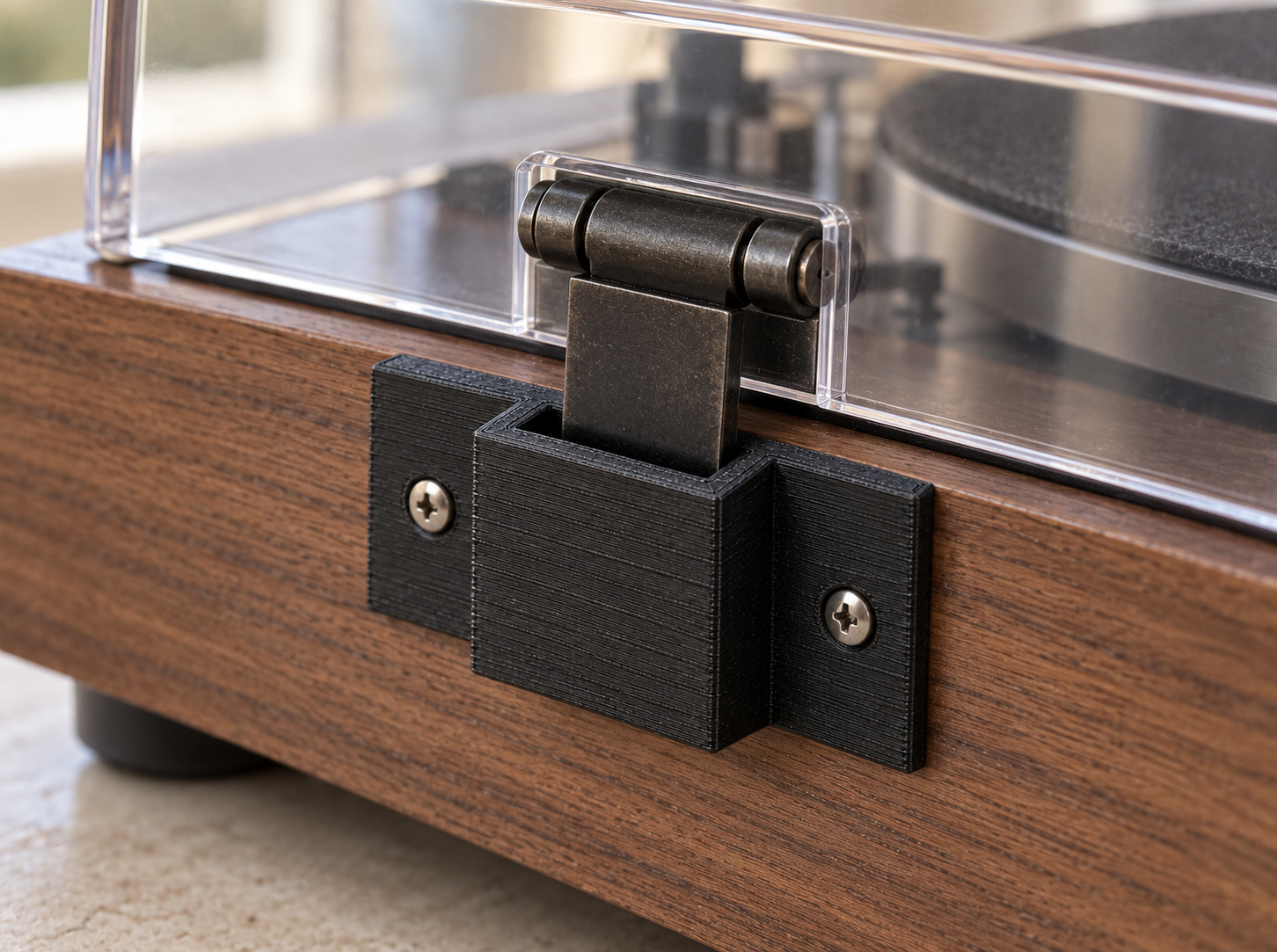 Custom turntable dust-cover hinge receiver