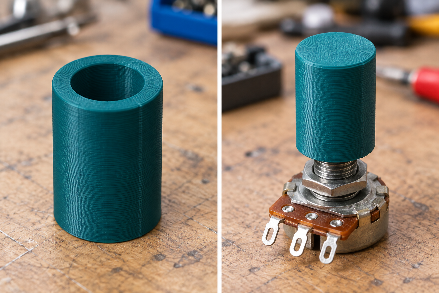 Storage cap for potentiometer shafts – loose part and application, AI visualization
