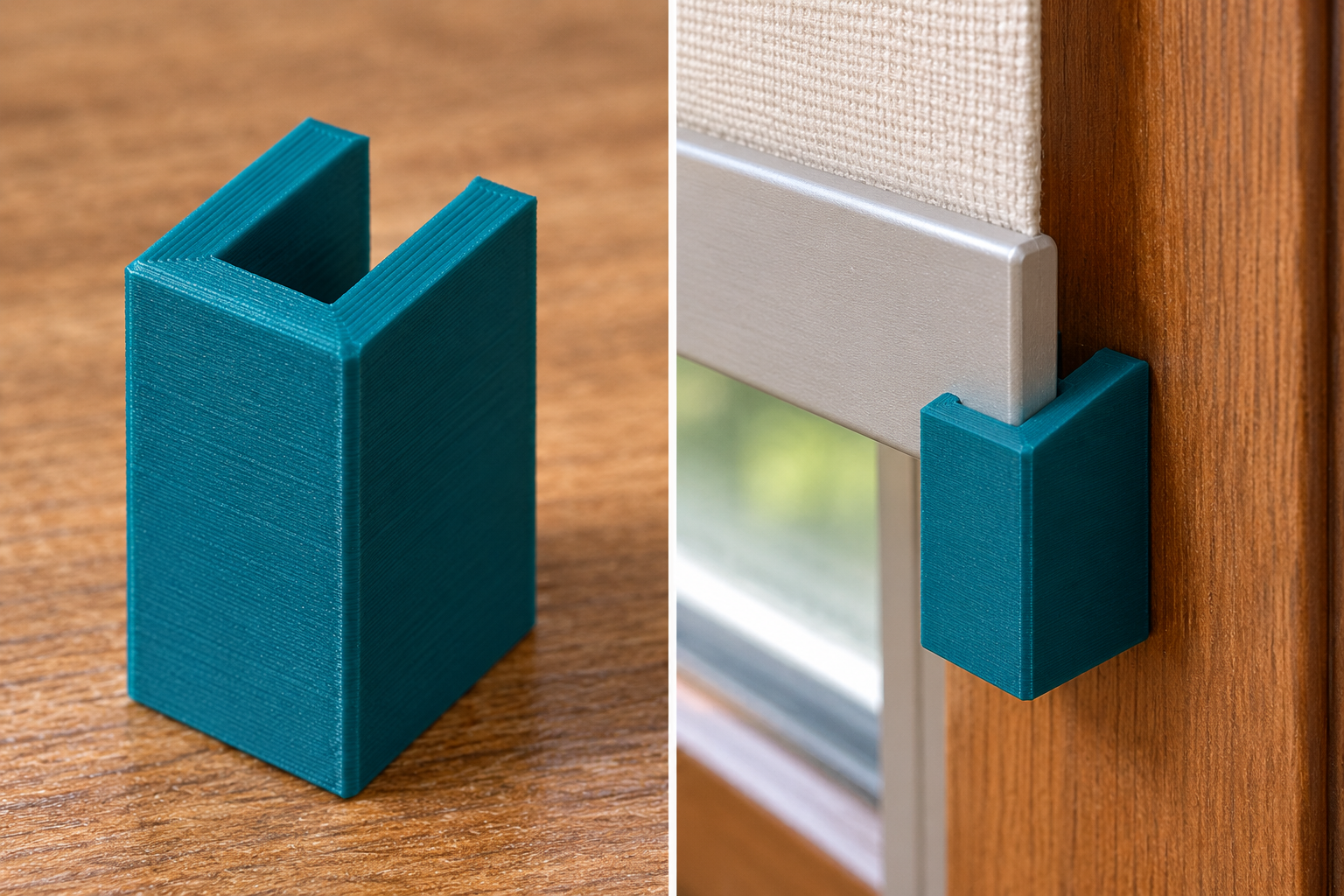 Custom roller blind bottom rail parking clip – loose part and application, AI visualization