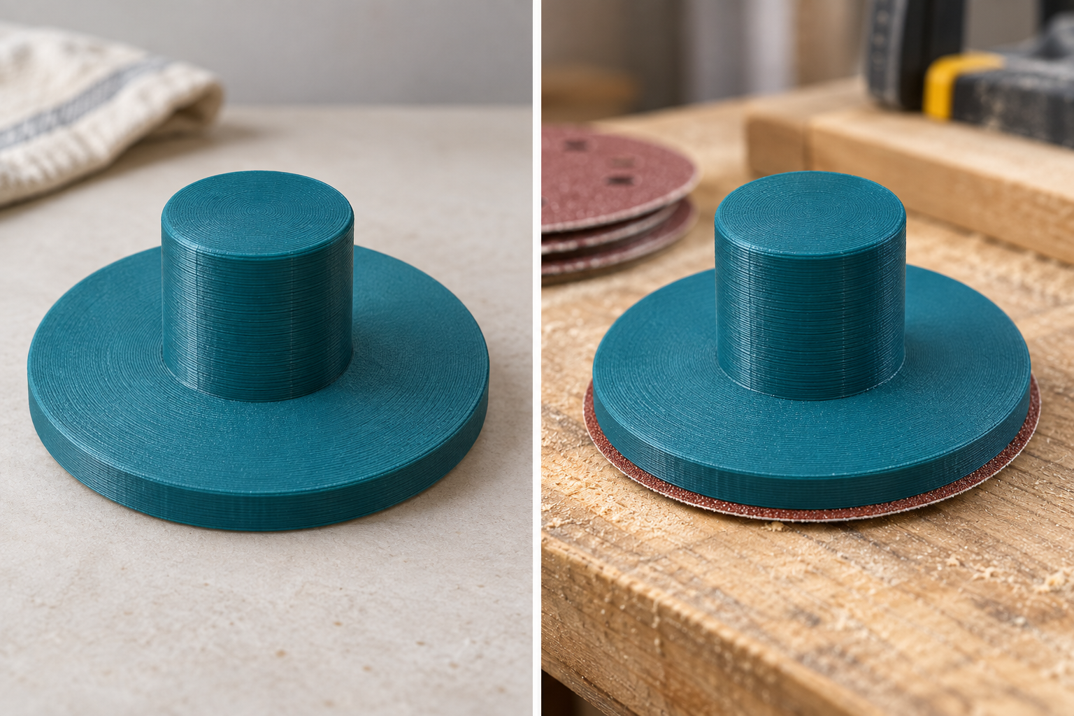 Hand carrier for round sanding pads – loose part and application, AI visualization