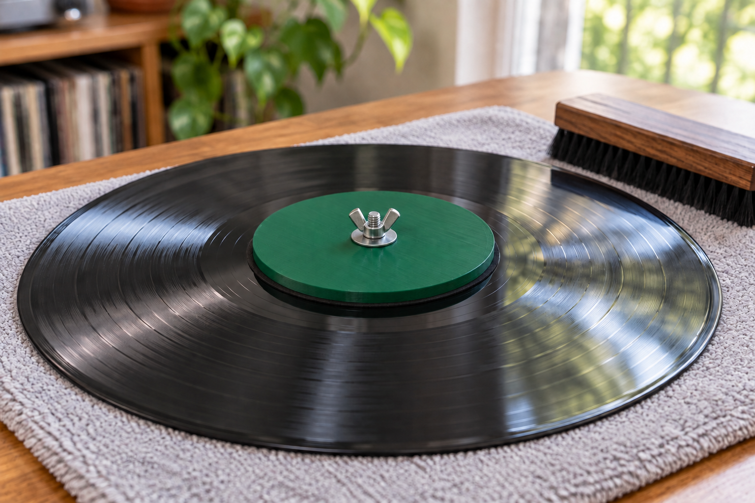 Green label cover and wing nut fitted to a vinyl record — AI visualisation.
