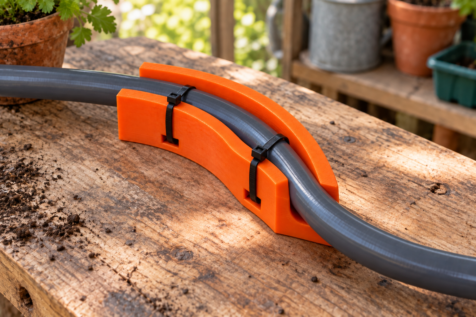 Custom open hose bend guide with cable-tie tunnels